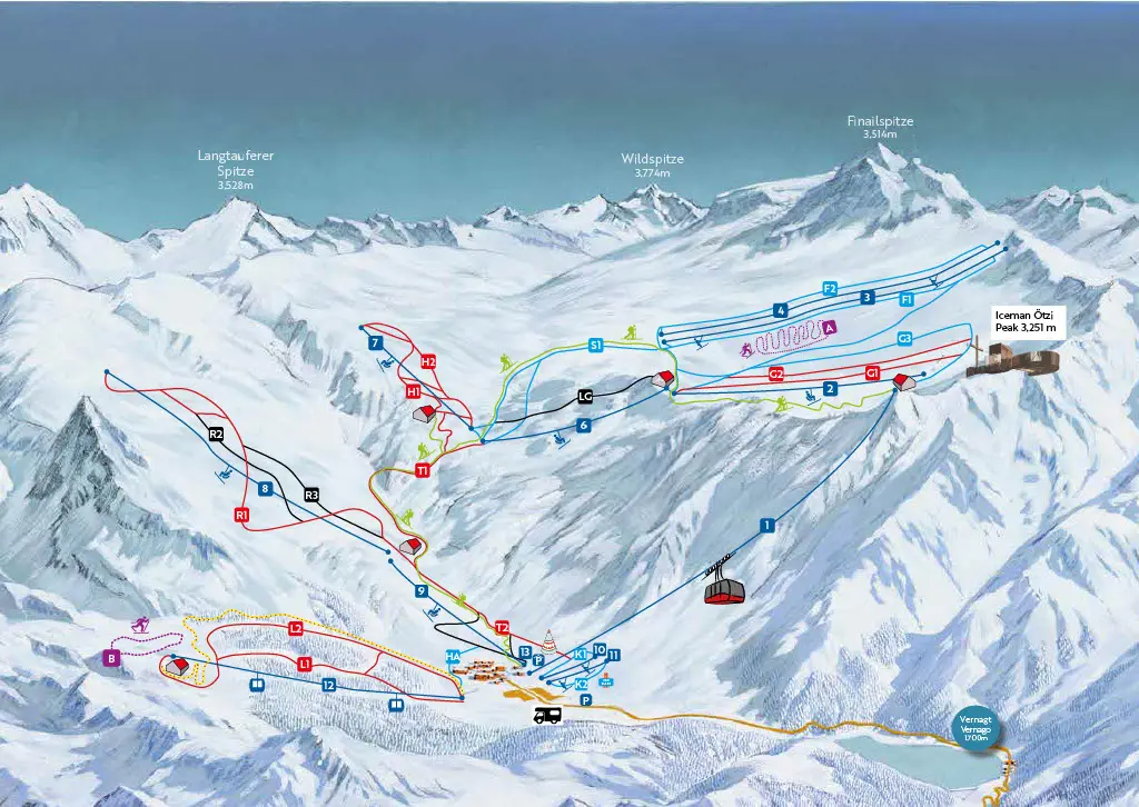 Malovaná mapa lyžařského areálu s vyznačenými sjezdovkami a lanovkami, vrcholy Wildspitze a Finailspitze a jezerem Vernagt dole
